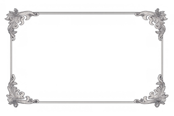 Ornate silver decorative frame with baroque scrolls and vintage swirl corner design on transparent background