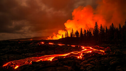 Intense volcanic eruption scene featuring glowing molten lava rivers flowing across dark rugged terrain near silhouetted pine trees under an ominous fiery sky.