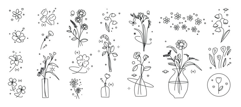 minimal line flower and botanical graphic sketch drawing, trendy tiny tattoo design, floral elements vector illustration

