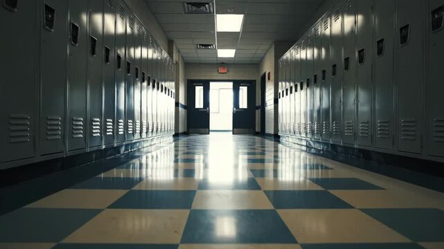 An empty school hallway with lockers and a checkered floor