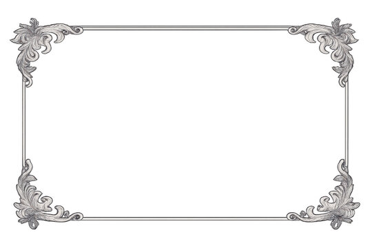 Ornate silver decorative frame with baroque scrolls and vintage swirl corner design on transparent background