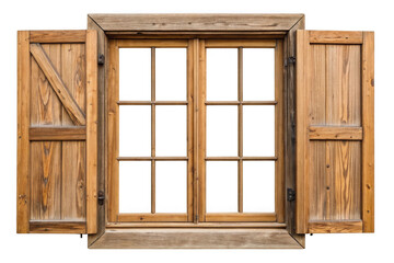 Rustic wooden window with open shutters isolated on transparent background