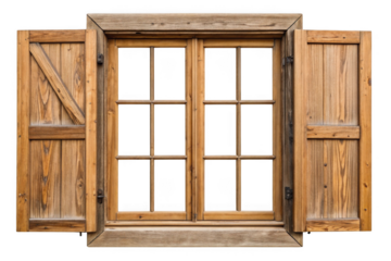 Rustic wooden window with open shutters isolated on transparent background
