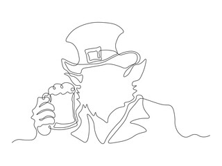 leprechaun in a hat with a beer mug, St. Patrick's Day,  continuous single one line art hand drawing sketch logo on white background