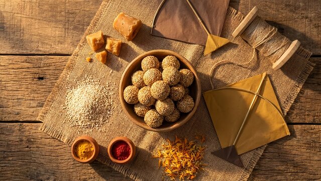 Makar Sankranti festival food with til ladoo kites and jaggery on wooden background