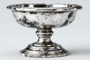 Antique silver chalice with ornate design and distressed finish