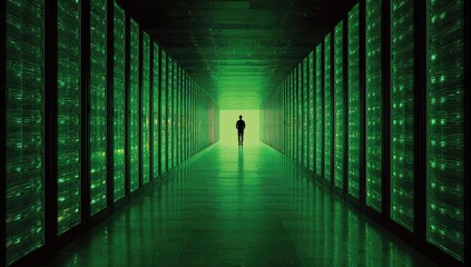 Lone figure in a green-lit server room corridor, bathed in futuristic digital glow