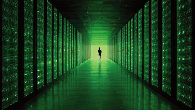 Lone figure in a green-lit server room corridor, bathed in futuristic digital glow - Powered by Adobe