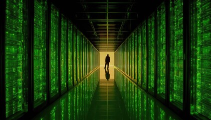 Silhouette person in glowing green data center corridor, looking at bright end light