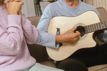 Happy Senior Couple Enjoying Retirement Together Playing Musical Instruments at Home in Bright Sunshine