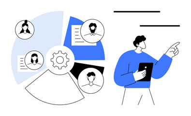 Pie chart with gear symbol, profile photos connected to tasks, and professional holding tablet. Ideal for teamwork, workflow, leadership, coordination, strategy, organization digital planning