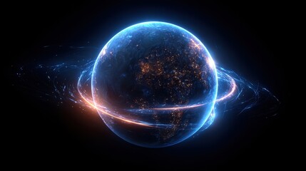 Obraz premium Futuristic Planet with Glowing City Lights and Energetic Rings in Space