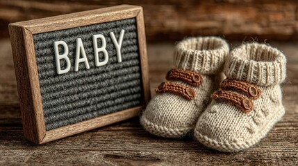 Warm and Cozy Knit Baby Booties Next to Baby Announcement Board