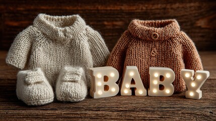 Soft Knitted Clothing and Wooden Sign for Newborn Baby Announcement