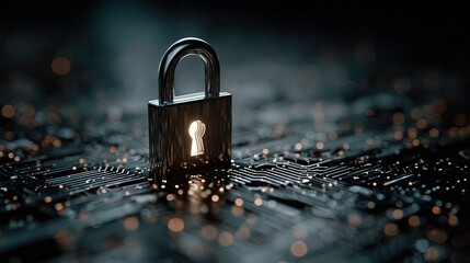 Modern Security Padlock with Keyhole on Circuit Board, Digital Protection