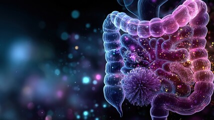 Artistic Detailed Illustration of Human Intestine with Bacteria and Virus Infection