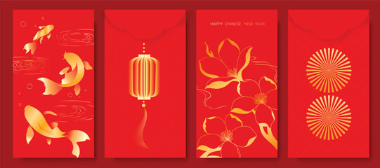 Happy Chinese New Year 2026 hongbao red envelope design vector. Collection of Chinese festival with lantern, koi fish, flower, pattern. Elegant oriental ang pao illustration for greeting card.