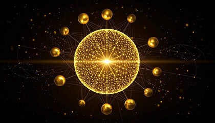 Golden central sphere radiating lines to smaller spheres in dynamic particle network on dark background.