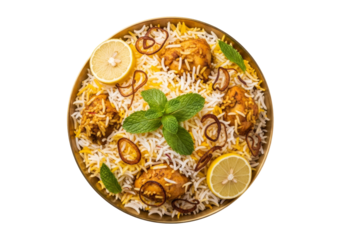 fragrant chicken biryani with lemon, mint, and fried onions
