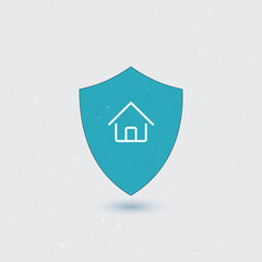A blue shield icon with a white house symbol on a light gray background
