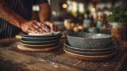 Warm Toned Rustic Hand Wiping Plate Stack at Kitchen Counter Scene
