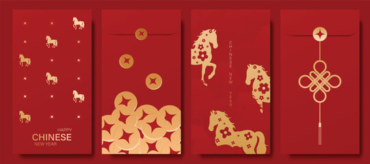 Happy Chinese New Year 2026 hongbao red envelope design vector. Collection of Chinese festival with gold ingot, coin, Year of the horse. Elegant oriental ang pao illustration for greeting card.