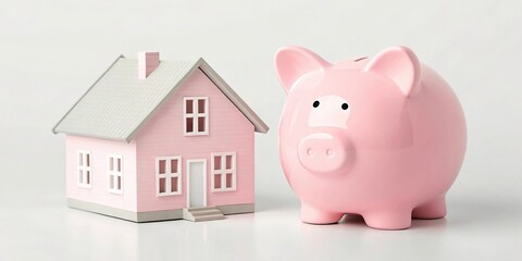 Visualizing Homeownership Dreams Pink Piggy Bank and House Model for Property Savings