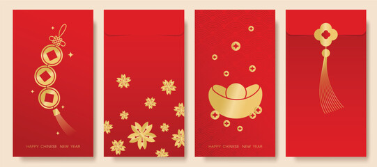 Happy Chinese New Year 2026 hongbao red envelope design. Collection of Chinese festival with firework, lantern, gold ingot, Feng shui coin. Elegant oriental angpao illustration for greeting card.