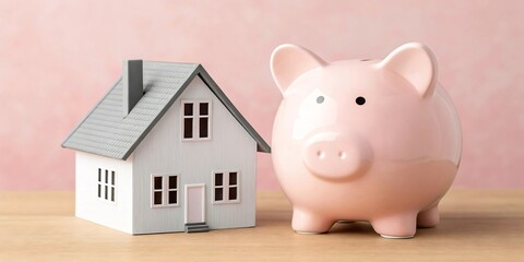 Financial Planning for Future Home Ownership Piggy Bank and House Model Representing Savings and Investment