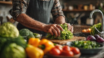 Close Up of Person Washing Fresh Green Lettuce in Kitchen