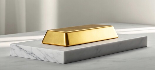 A gleaming gold bar rests on a marble slab, bathed in soft light