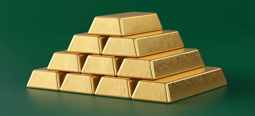 Gleaming stack of premium gold bars, perfectly arranged in a pyramid formation on a rich green background, symbolizing wealth and financial security in a stunning 3D render