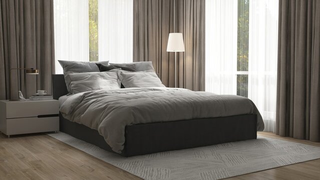 Elegant, modern and luxury bedroom with gray bed, blanket, pillow, bedside table with lamp in sunlight from white sheer, brown curtain for interior design decoration, product background 3D