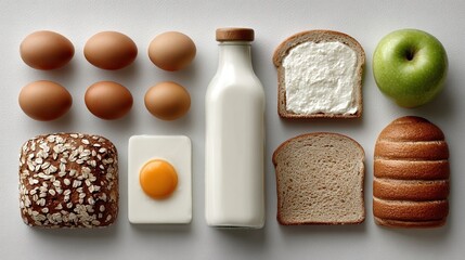 Fresh Overhead Arrangement of Milk, Egg, Bread, and Apple for Breakfast
