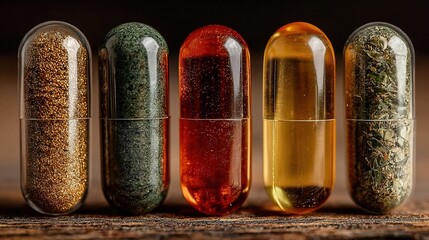 Assorted Colorful Natural Supplement Capsule Pill in Transparent Container