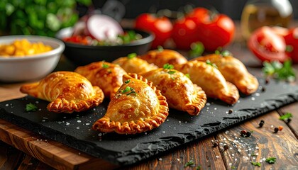 Golden baked empanadas sprinkled with fresh green herbs served on a dark slate platter with rustic wooden table background and fresh ingredients.