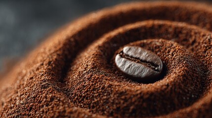 Detailed Close Up Coffee Bean Nestled in Ground Coffee Spiral