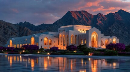 Majestic Sandstone Building with Arches at Dusk in Oman Landscape