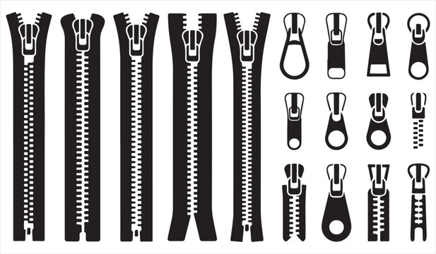 Zipper and slider vector icons set for clothing and tailoring design