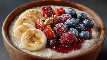 Close Up Delicious Oatmeal Breakfast Bowl with Fresh Fruit Toppings