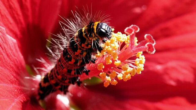 A striking macro shot captures a vividly colored caterpillar with intricate black and orange patterns and prominent hairs, delicately navigating the vibrant red petals and yellow anthers of a blossomi