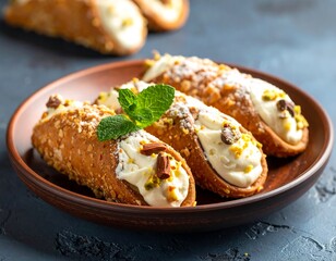 Three delicious Italian pastries, creamy filling, and topped with nuts, served on a brown plate with a sprig of fresh mint