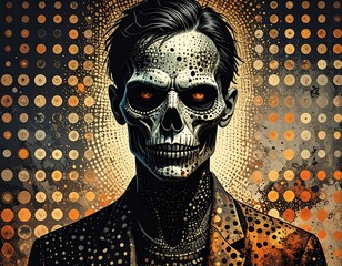 Spooky portrait of a skull-faced man with a complex design