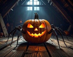 Spooky pumpkin spider glowing from within, set in a dusty attic