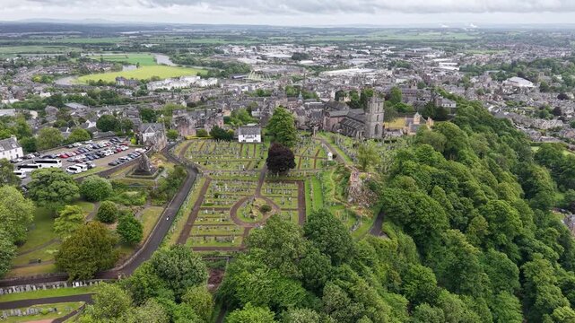 Aerial view of Old Town Cemetery near Stirling Castle, Scotland, United Kingdom