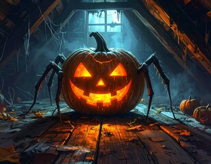 Spooky pumpkin spider glowing in a dark, dusty attic