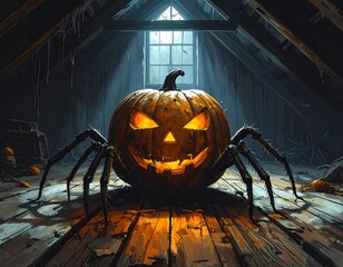 Spooky pumpkin spider in a dusty, dimly lit attic
