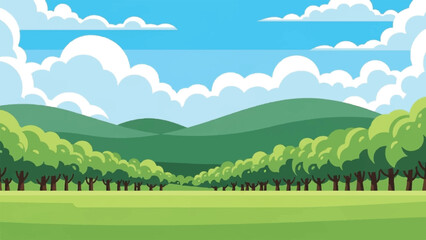A serene landscape of rolling hills and trees under a blue sky vector illustration clouds with green field background