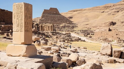 cuneiform. Ruins of ancient palace with broken walls and inscribed stone column. real-estate listings, architecture portfolios, designed for architectural facade and classical detail presentations.