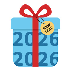 Vibrant New Year gift box with 2026 dates and red ribbon
